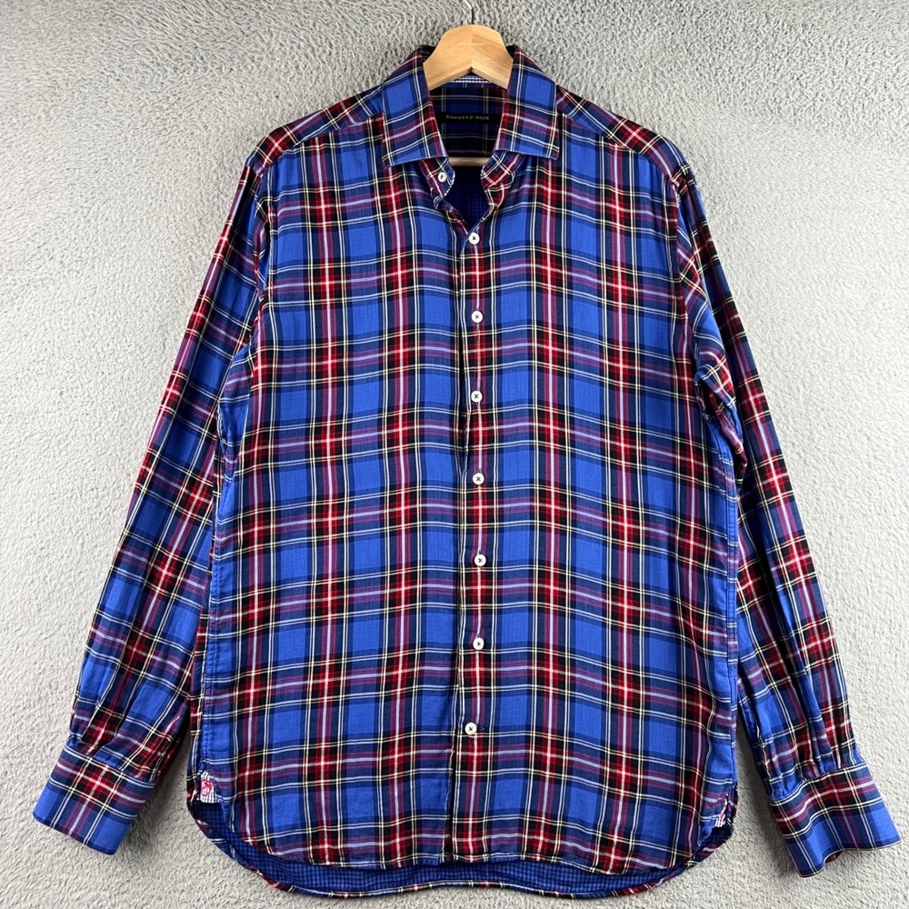 Hammer Made Mens Blue Plaid Double Faced Button Down Shirt Size 39 15.5 M